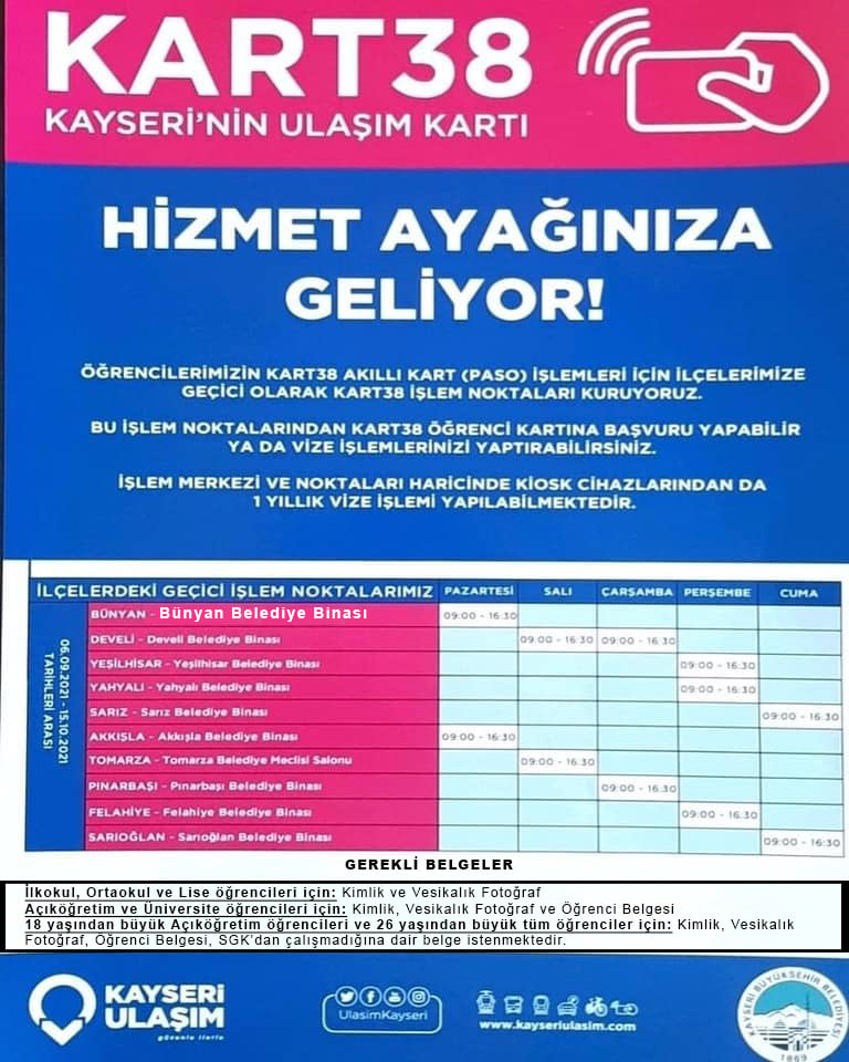 ​Öğrenciler ve öğretmenler için Bünyan Belediye Binasında Pazartesi günleri 09:00-16:30 saatleri ara