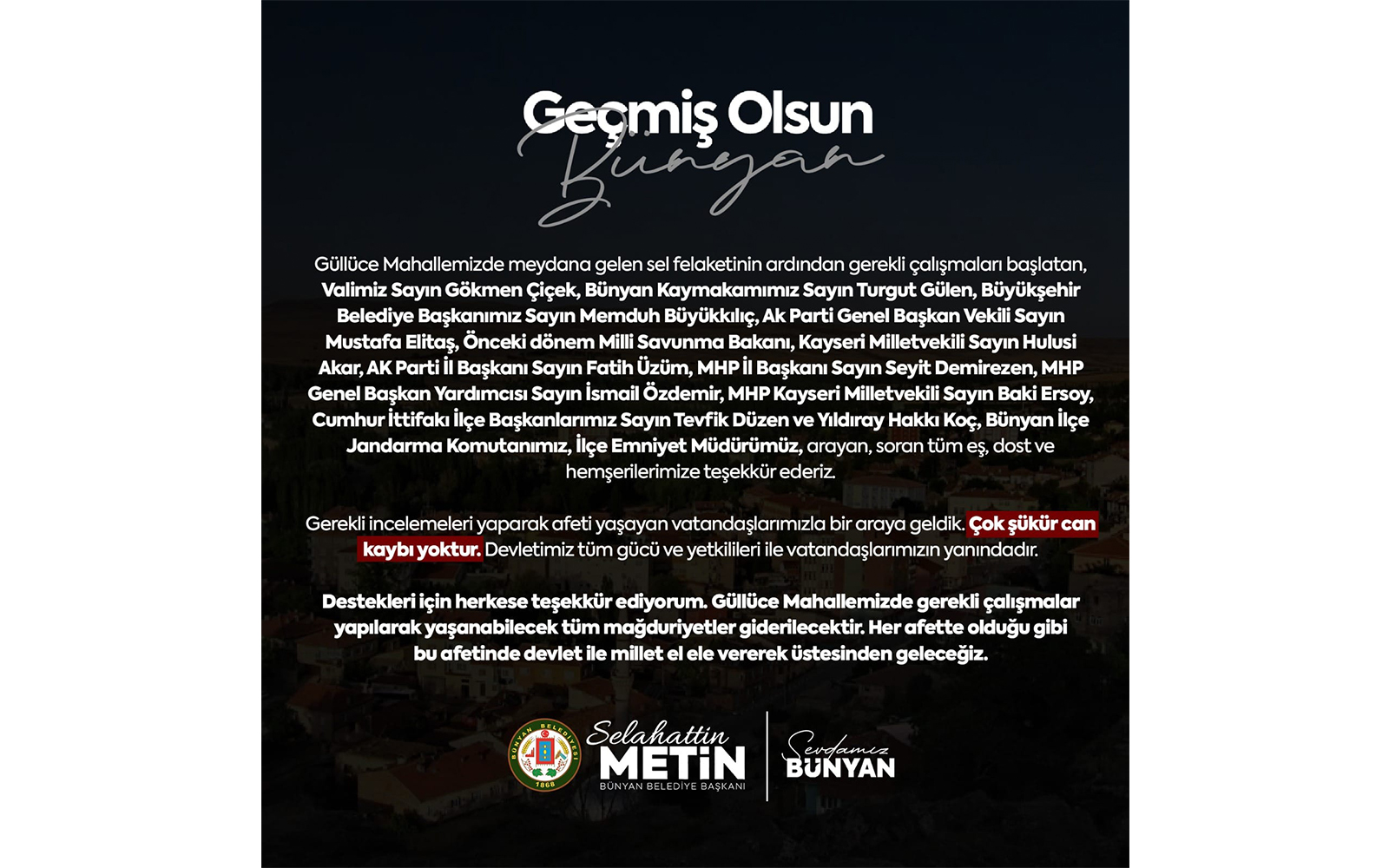 BAŞKAN METİN, İLÇEMİZDE YAŞANAN SEL OLAYLARI ÜZERİNE AÇIKLAMADA BULUNARAK TEŞEKKÜR ETTİ