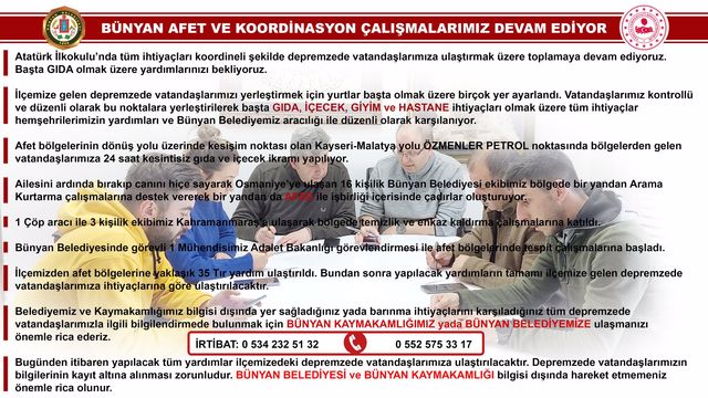​BÜNYAN AFET VE KOORDİNASYON ÇALIŞMALARIMIZ DEVAM EDİYOR