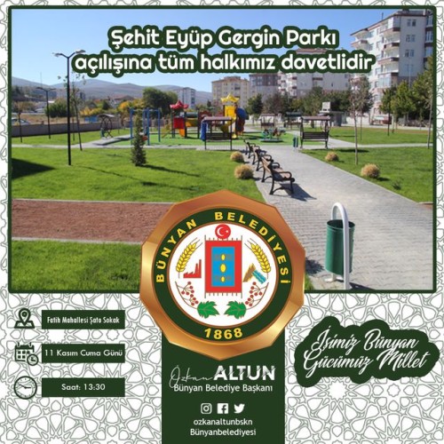 Ekiplerimizce çalışmaları tamamlanan Şehit Eyüp Gergin Parkı'nın açılışını gerçekletirilecektir