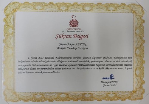 AFET SÜRECİ İLE BELEDİYEMİZE ŞÜKRAN BELGESİ GÖNDERİLDİ.
