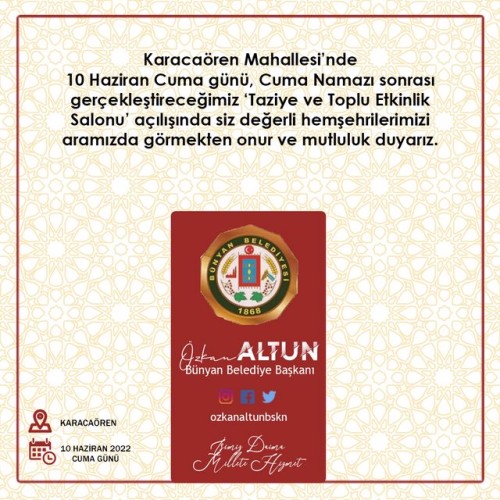 ​Karacaören Mahallesi'nde yapımı tamamlanan Taziye ve Toplu Etkinlik Salonu Açılışı Yapılacaktır.